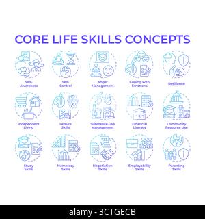Core life skills blue gradient concept icons Stock Vector