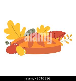 Autumn harvest apple pie with apples surrounded by colorful leaves. Stock Vector