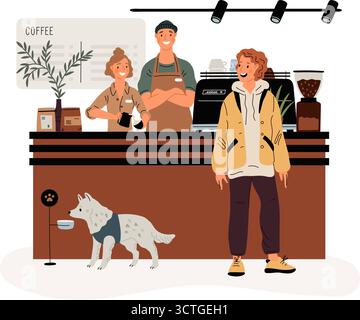 Coffee shop visitors. Restaurant customers. People in cafe. Pet owner drinks espresso. Professional barista behind counter makes cappuccino Stock Vector