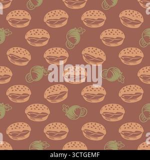 Seamless pattern with burgers and wraps on brown background Stock Vector
