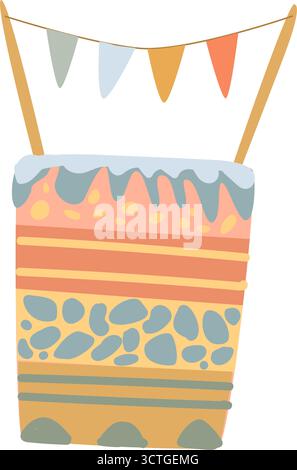 Colorful layered cake with geometric patterns and decorative flags. Stock Vector