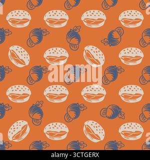 Seamless pattern with burgers and pomegranates on orange background Stock Vector