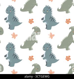 Cute dinosaur and flower pattern on black background. Stock Vector
