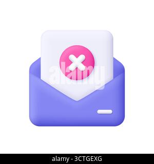 Purple envelope with white letter and pink circle with white cross mark. Message deletion, email rejection, email error, spam, document cancellation. Stock Vector