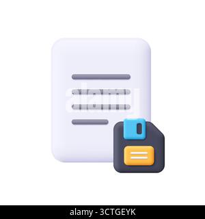 Document file with black floppy disk. File management, data saving, office work, saving and archiving files. 3d vector icon. Cartoon minimal style. Stock Vector