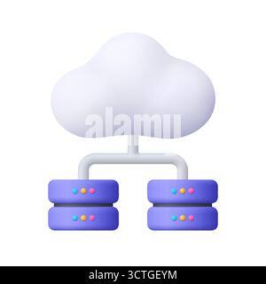White cloud connected to two stacks of purple servers. Cloud storage, networking, data management,  digital technology and computing infrastructure co Stock Vector