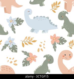 Cute dinosaur and floral pattern on white background. Stock Vector