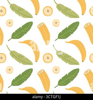 Seamless pattern with bananas and leaves on white background. Stock Vector
