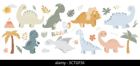 Cartoon dinosaurs with plants and volcano in a colorful prehistoric scene. Stock Vector