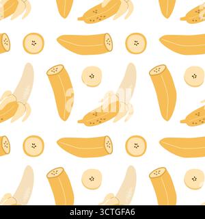 Seamless banana pattern with slices and whole pieces on white background. Stock Vector