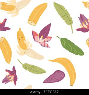 Seamless pattern with colorful bananas and tropical leaves on white background. Stock Vector