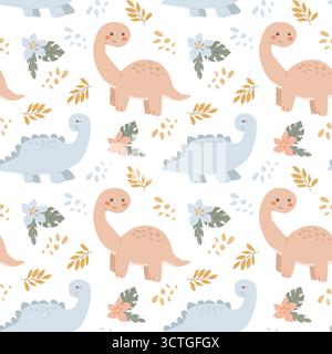 Cute dinosaur pattern with leaves and flowers on black background. Stock Vector