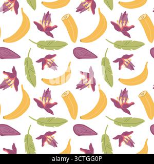Seamless tropical banana pattern with leaves and flowers. Stock Vector