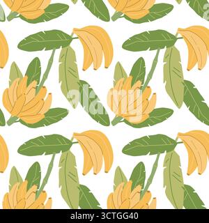 Seamless pattern of ripe bananas and green leaves on white background. Stock Vector