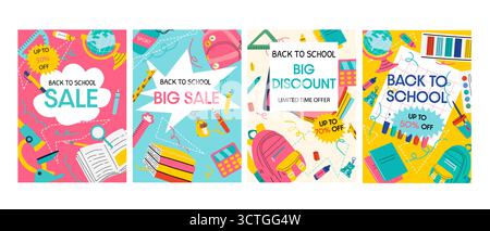 Kindergarten supplies banners, sale education posters set. Back to school vertical ad banners with diverse discounts, school supplies. Bright design i Stock Vector
