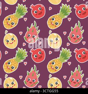 Vector seamless pattern with cute kawaii fruit characters. Colorful smiling pineapple, dragon fruits, melon. Cartoon doodle style design perfect for c Stock Vector