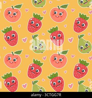 Seamless pattern with kawaii fruits. Cute smiling pear, peach and strawberries in cartoon doodle style. Playful summer background for kids, textile, w Stock Vector