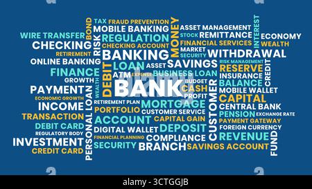 Bank Word Cloud illustration, banking and finance wordcloud design with customer, revenue, savings, and bank concept Stock Vector