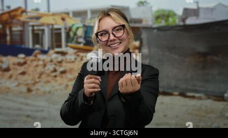 Woman reporter with microphone gestures come here at outdoor construction site, smiling, wearing glasses and black blazer, engaging in lively reportin Stock Photo
