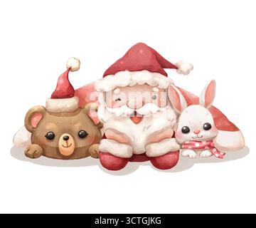 Watercolor cartoon illustration of Santa Claus nestled between a chibi bear wearing a Santa hat and a white bunny rabbit with a pink scarf . Hand draw Stock Photo