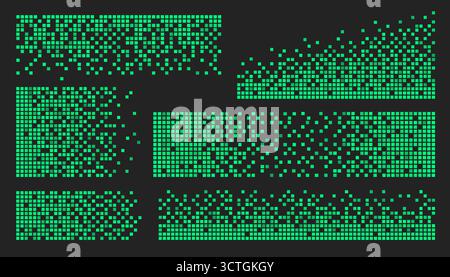Green cube pixel pattern textures with matrix dispersion, digital decay and data fragmentation for cyberpunk designs. Neon grid dissolution effects with scattered blocks. Terminal screen aesthetics Stock Vector