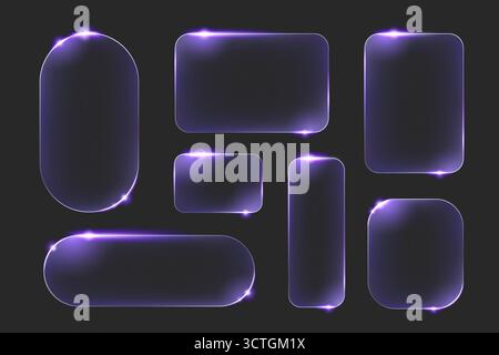 Neon glass frame set with purple glow effects and rounded corners for modern UI design. Dark transparent panels with bright edge lighting and various rectangular shapes. Futuristic buttons or banners Stock Vector