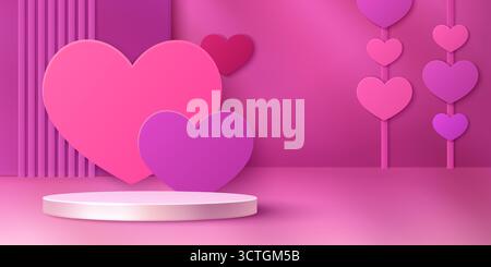Heart podium 3d scene with pink platform for valentine display or product presentation. Love shapes and striped elements on romantic backdrop. Soft cylinder stage for romantic goods showcase. Stock Vector