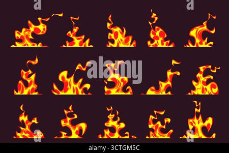 Anime fire background set with bright red and yellow flames on dark surface for game effects or animation. Various flame shapes and sizes with dynamic movement patterns. Stylized cartoon blazes Stock Vector