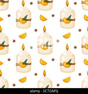 Seamless cozy holiday pattern with white wax candles decorated with orange slices, evergreen sprigs and star anise on a clean background. Ideal for wi Stock Vector