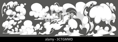 White smoke puffs with cloud and comic effects for cartoon action scenes. Dynamic steam bursts, explosion puffs and motion trails for manga panels. Stylized vapor shapes for graphic backgrounds. Stock Vector