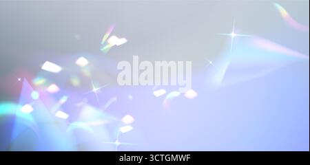 Lens flare with prism light effect on gradient background, rainbow colors and sparkles for optical design. Iridescent refraction patterns with star bursts and soft glowing rays for creative projects. Stock Vector