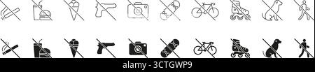 Prohibited Activities Icon Set. No Smoking, Fast Food, Weapons, Skateboarding and Cycling, Dogs Restriction Symbols. Public Space Rules. Isolated Stock Vector