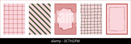 Retro whimsical Christmas backgrounds set with geometric grid, diagonal stripes, and playful hand-drawn frames. Festive colors for seasonal wrapping Stock Vector