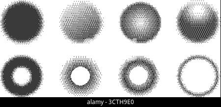 Pixel circles with halftone effect. Bitmap aesthetic round shapes for trendy 2000s design. Digital abstract radial figures. Vector geometric graphic Stock Vector