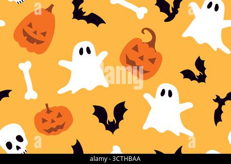 seamless Halloween pattern with Jack o lantern pumpkin, bats, skulls, ghosts; perfect for wrapping, greeting cards, decorations, and digital backgroun Stock Vector