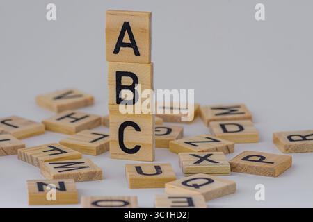 stack of square wooden blocks with the letters ABC surrounded by square wooden letters on a white background Stock Photo