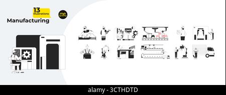 Industrial manufacturing and quality control outline illustrations mega bundle Stock Vector