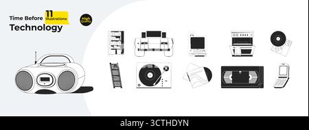 Retro technology and vintage entertainment outline illustrations mega bundle Stock Vector