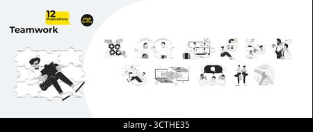Business teamwork and online collaboration doodle outline illustrations mega bundle Stock Vector