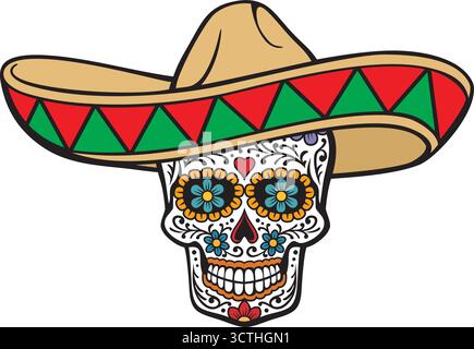 Day of Dead Skull with Sombrero Hat. Vector Illustration. Stock Vector