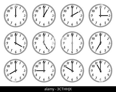 On the hour clocks set. Vector illustration of a round analog clock with handwritten numbers. Gray bezel. Stock Vector