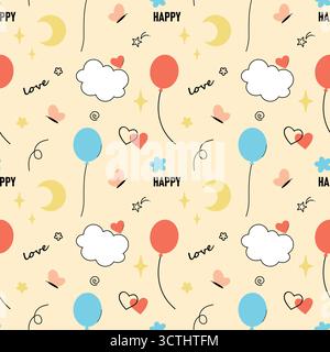 Seamless pattern of multicolor bolls and moons on yellow background Stock Vector