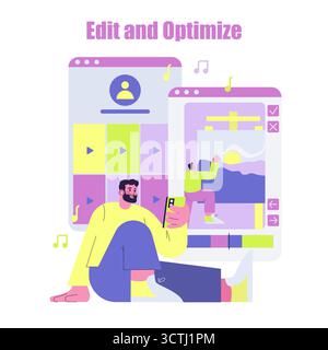 Digital content creator uses smartphone for multi-tasking between video editing and design on colorful screens. Vector illustration with focus on creativity and technology use. Stock Vector