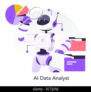 Vector illustration of a futuristic AI robot analyzing a pie chart with a magnifying glass, symbolizing data analytics and technology integration. Includes folders representing data management. Stock Vector