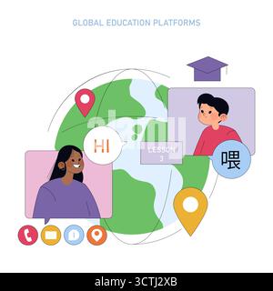 Vector illustration of global education platforms featuring two students communicating over a digital interface. Includes global map, chat icons, and educational symbols like a graduation cap. Stock Vector