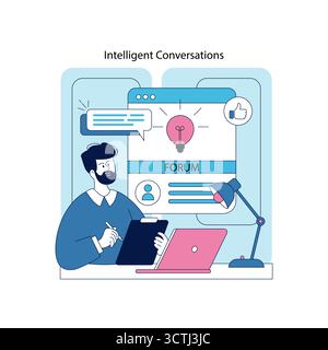 Vector illustration of a man participating in an online forum, displaying thoughtfulness and engagement. The scene includes digital communication elements like speech bubbles and icons. Stock Vector