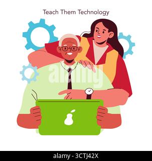 Vector illustration of a young person assisting a senior in using a tablet. The image emphasizes technology learning and communication between generations for educational purposes. Stock Vector