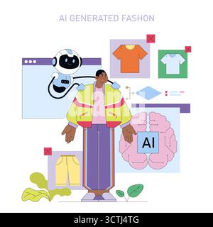 AI-generated fashion design vector illustration featuring a person in modern apparel. Visual elements include a robot, clothing options, and digital representation of artificial intelligence. Stock Vector