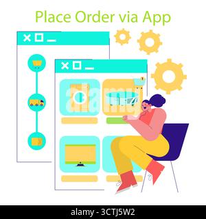 Vector illustration showing online shopping process with an app. A person interacts with the app interface, displaying products and purchase stages, highlighting digital commerce. Stock Vector