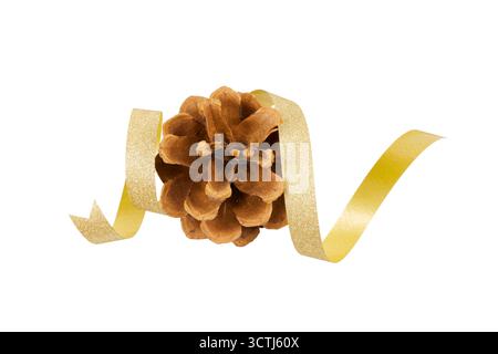 christmas pine cone with golden ribbon band isolated on white Stock Photo